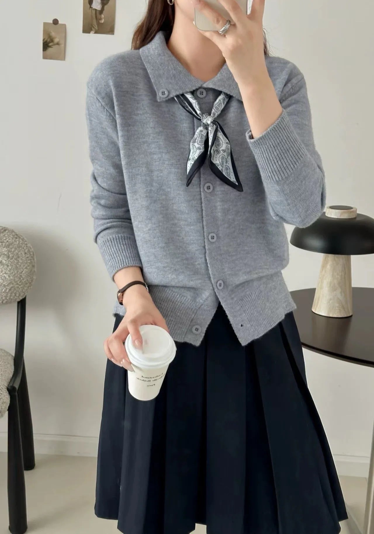 Women's beige cardigan sweater with an attached lapel scarf collar, long sleeves