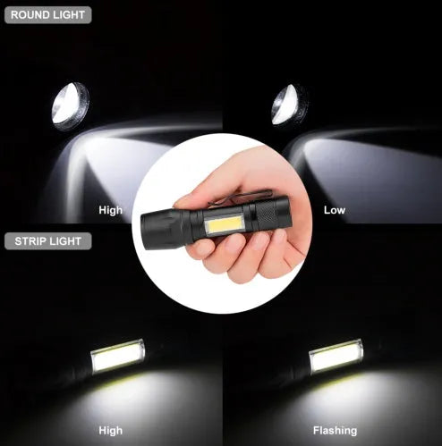 Black mini aluminium telescopic LED torch with pocket clip shown extended and retracted