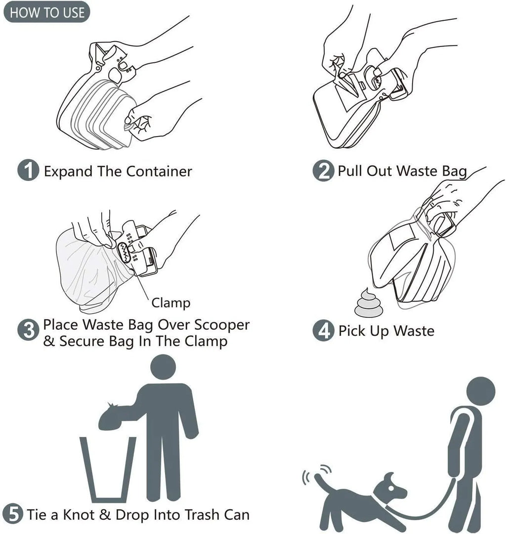 Portable handheld dog pooper scooper with carabiner clip and waste bag compartment, shown in blue, green, grey, or yellow.