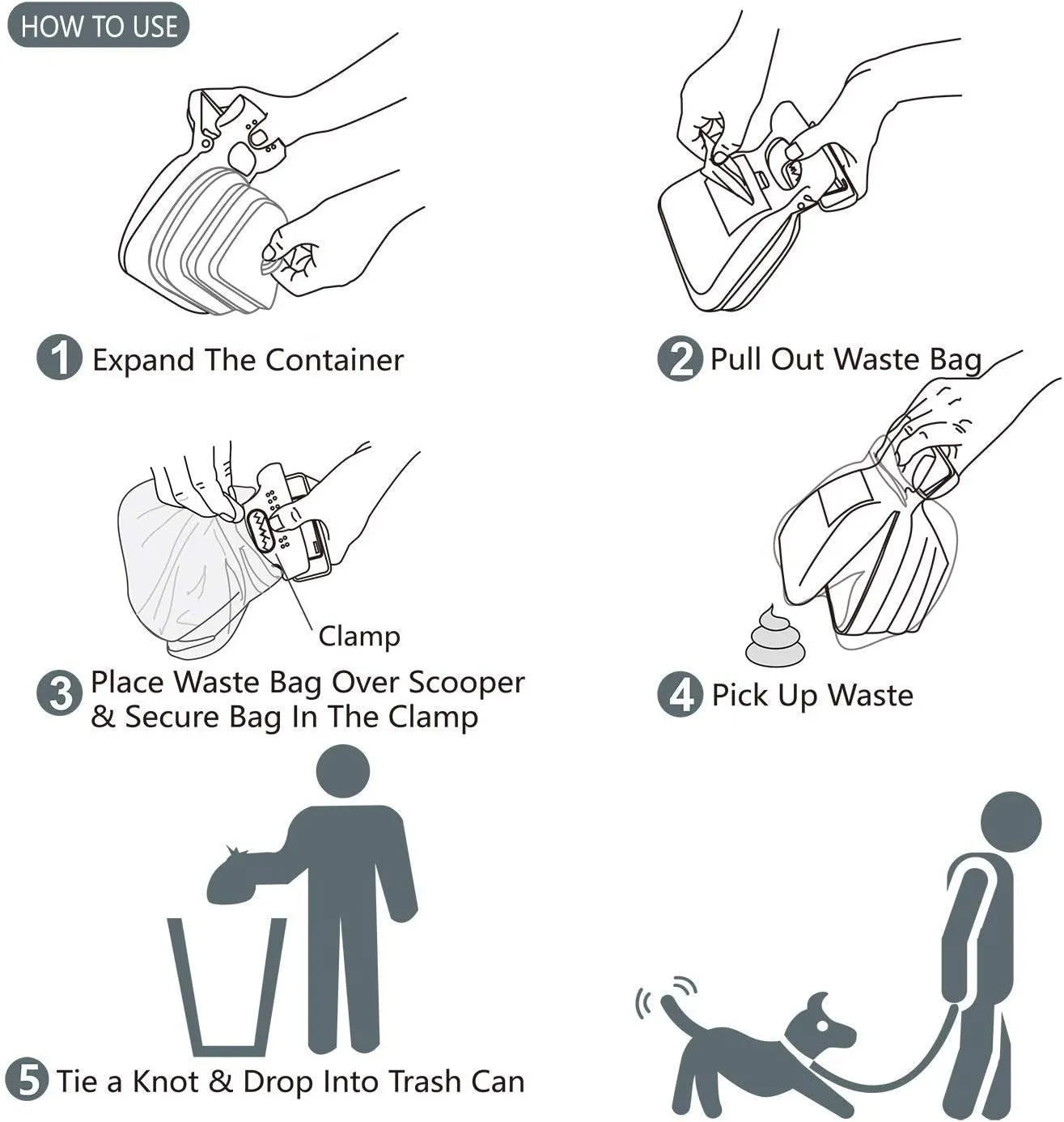 Portable handheld dog pooper scooper with carabiner clip and waste bag compartment, shown in blue, green, grey, or yellow.