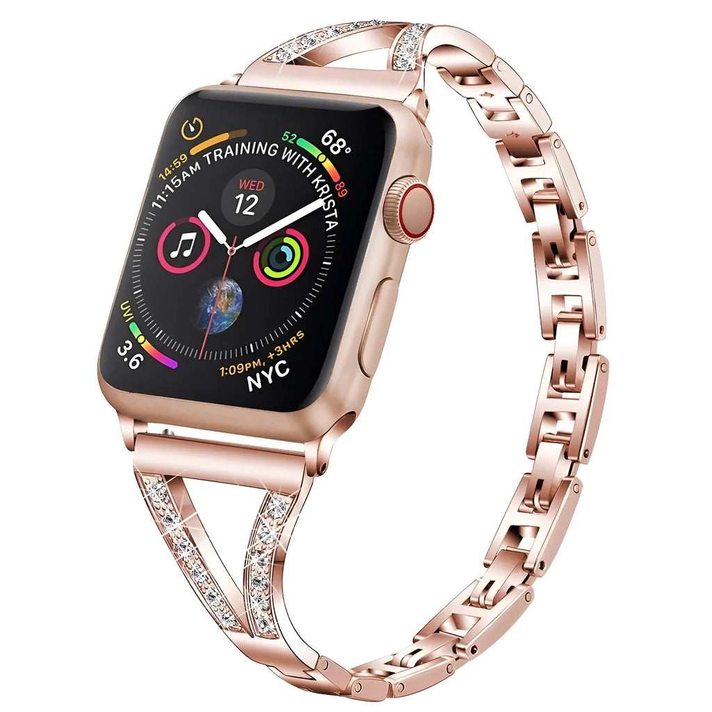 Stainless steel smartwatch strap with diamond studs in rose gold finish on a 40mm Apple Watch.