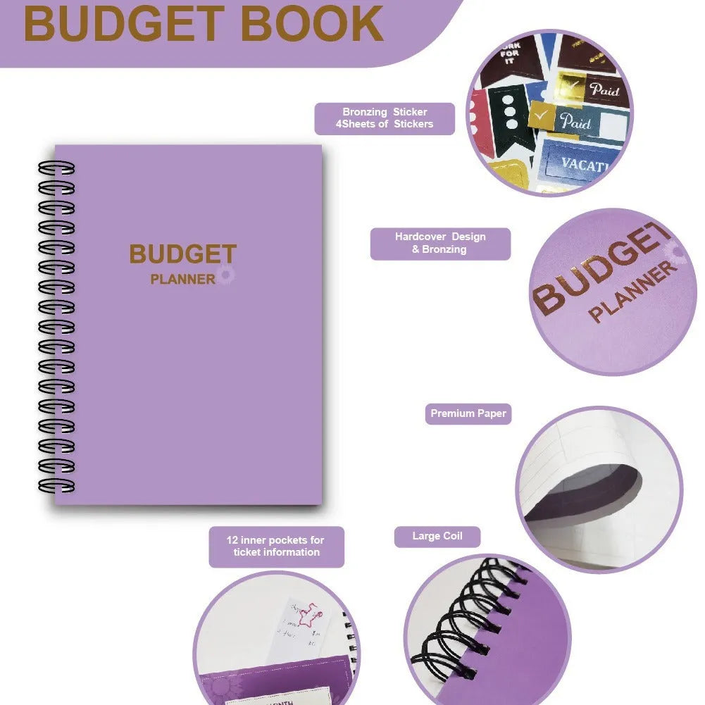 Purple coil-bound budget notebook with financial planning stickers and paper clips for monthly money management