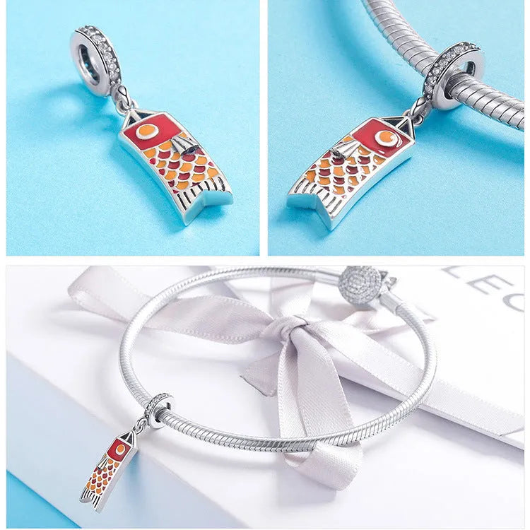 S925 sterling silver carp streamer pendant with zircon detail, measuring 2.8cm tall.