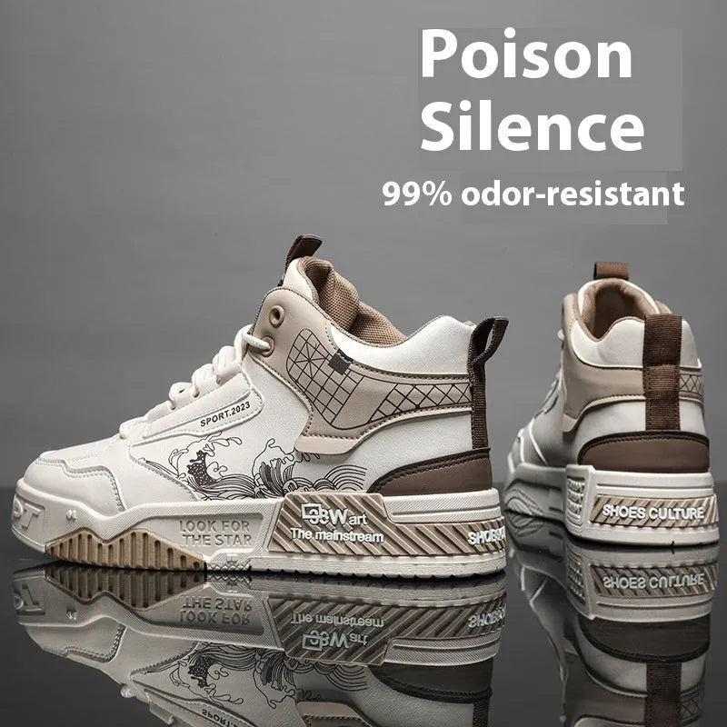 Men's beige high-top board shoes with white rubber sole and lace-up front.