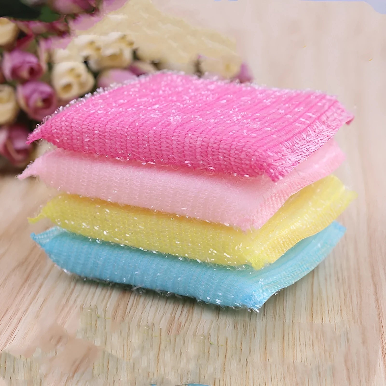 Pinstripe fabric dishwashing sponge mop in macaron colours measuring 12 by 8.5 centimetres
