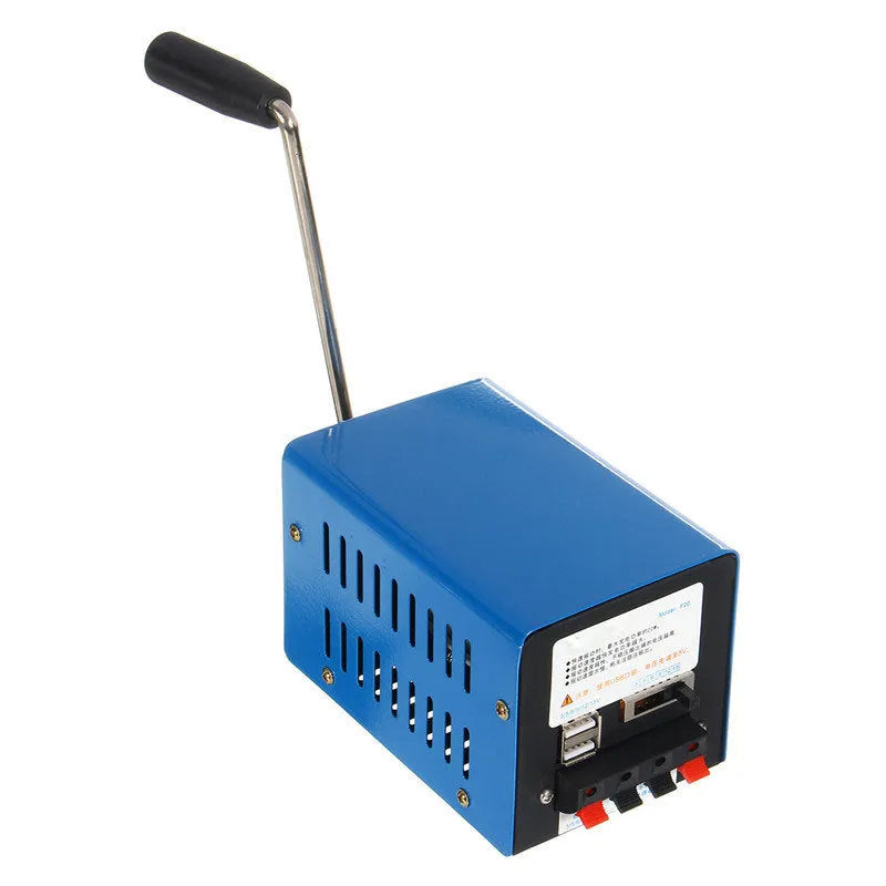 Blue metal hand crank USB power generator with anti-slip grips for emergency charging