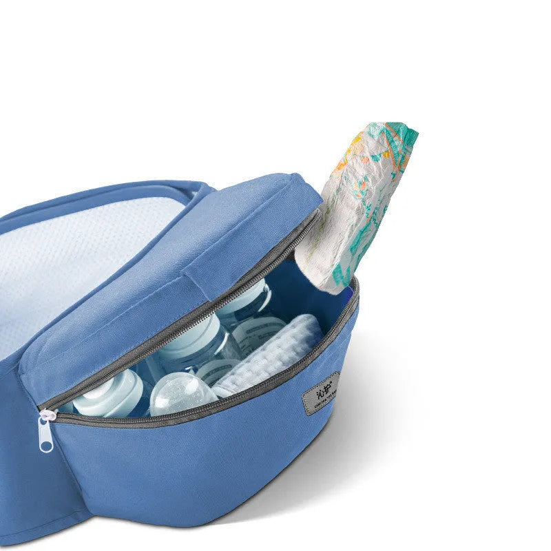 Baby carrier waist stool walker in blue with padded waist belt and hipseat, front zipper bag and side mesh bag visible