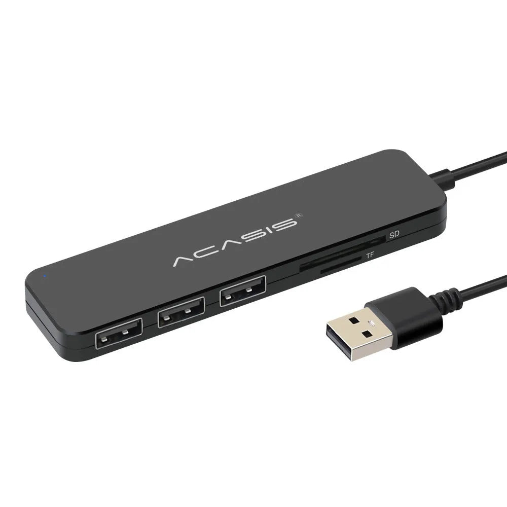 Black USB hub card reader with 5Gbps speed and memory card slot on a desk