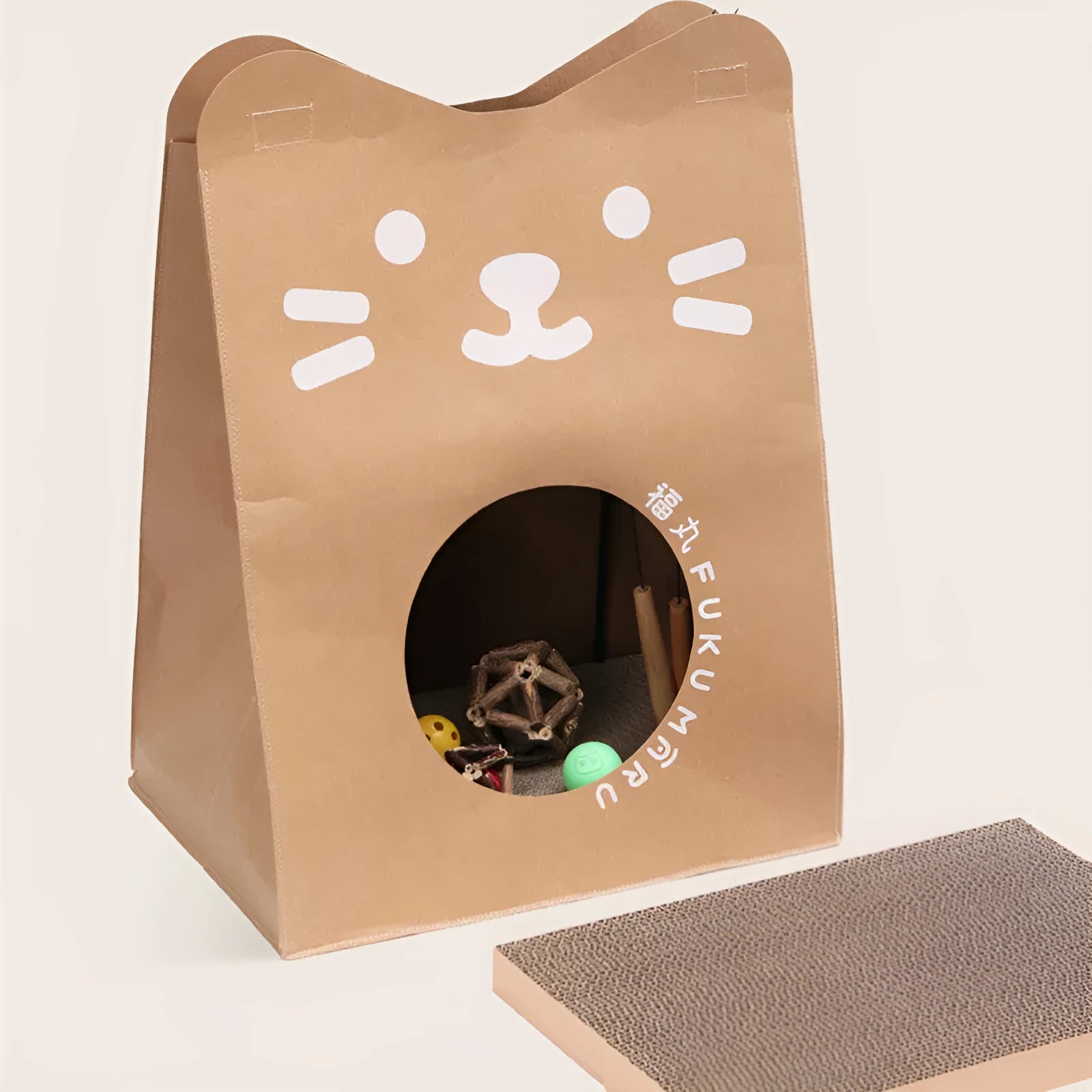 Brown washable kraft paper cat nest with integrated corrugated cardboard scratch board measuring 40x30x53cm