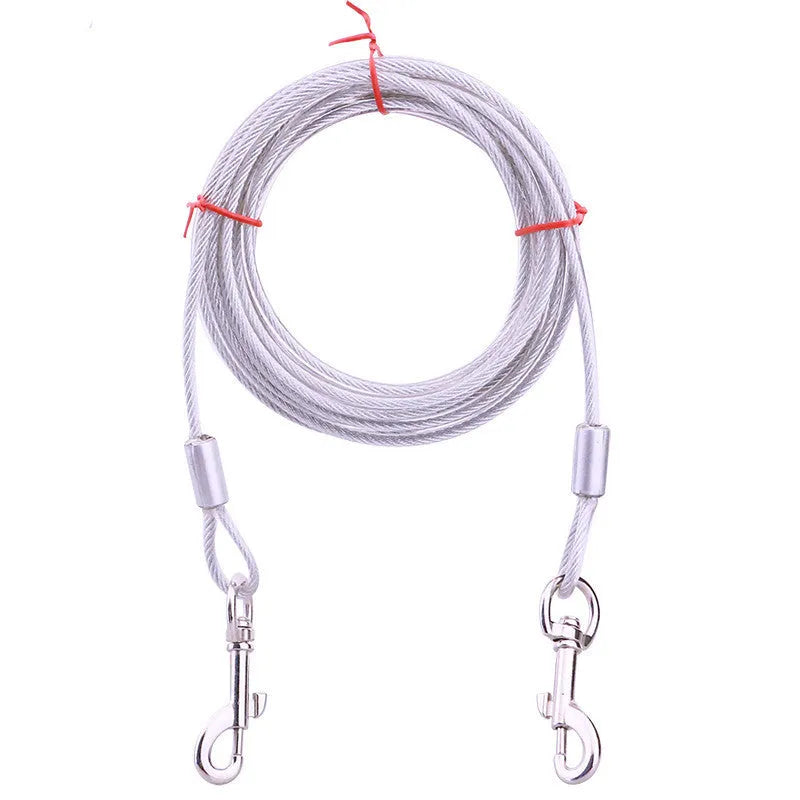 Hand holding rope iron chain double-headed dog leash for two dogs, steel wire, blue colour, 5mm size
