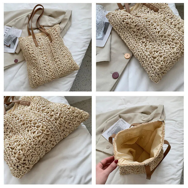 Large woven straw tote bag in khaki with single shoulder strap