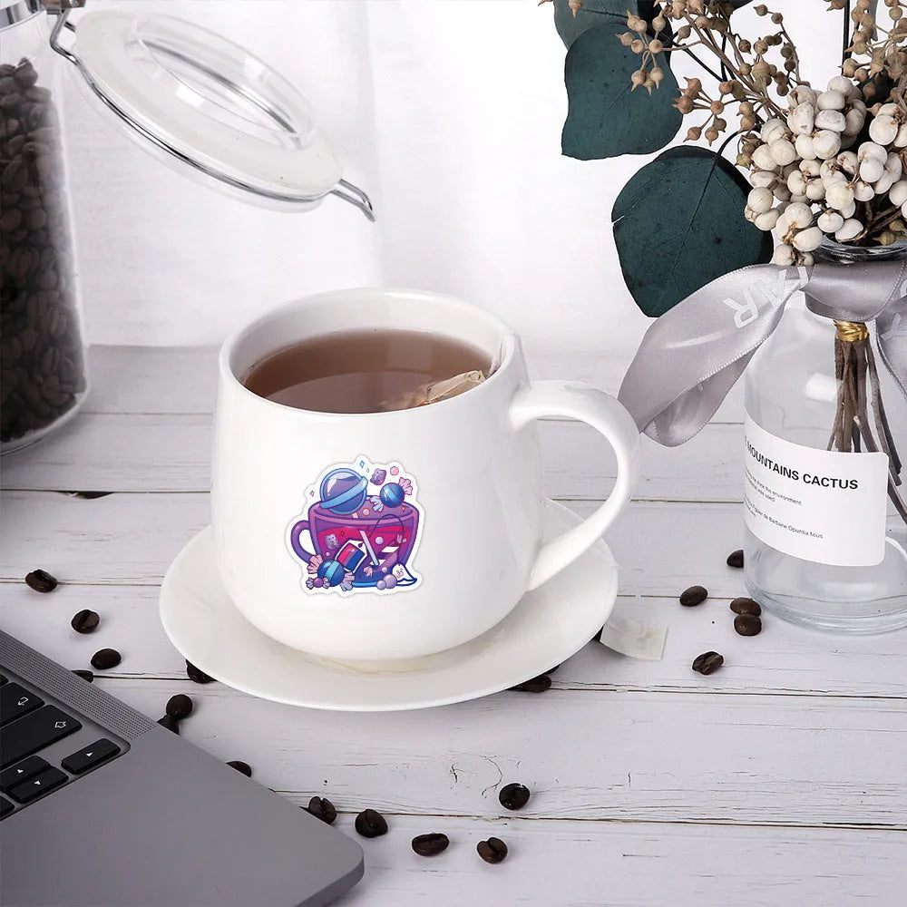 Colourful tea cup graffiti stickers in Nordic style design, 50-piece waterproof pack