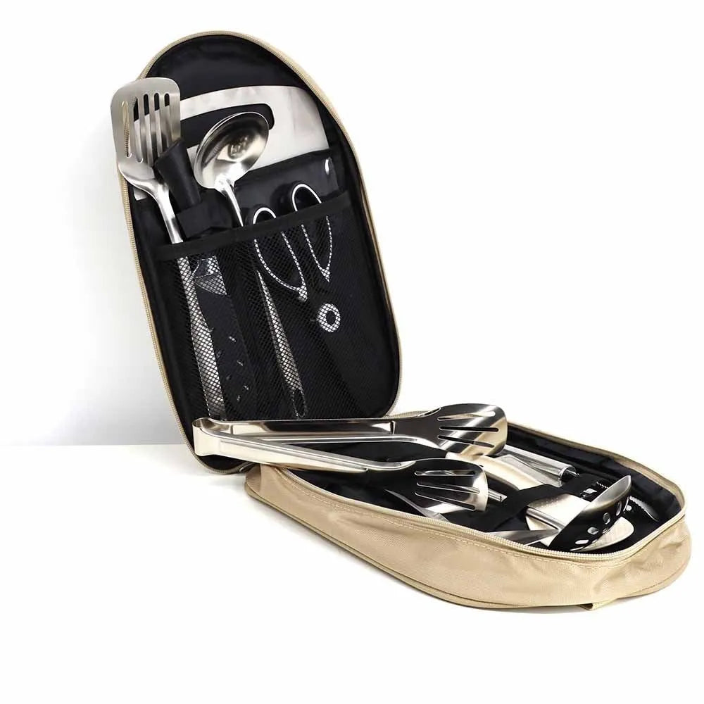 12-piece stainless steel picnic kitchenware set in portable storage bag for outdoor cooking