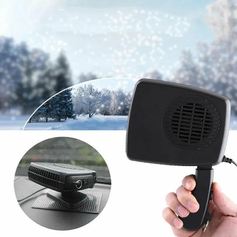 Portable 12V/24V car heater fan, black ABS, windscreen demister defroster with 360-degree rotation, compact size 13 x 11 x 4 cm.