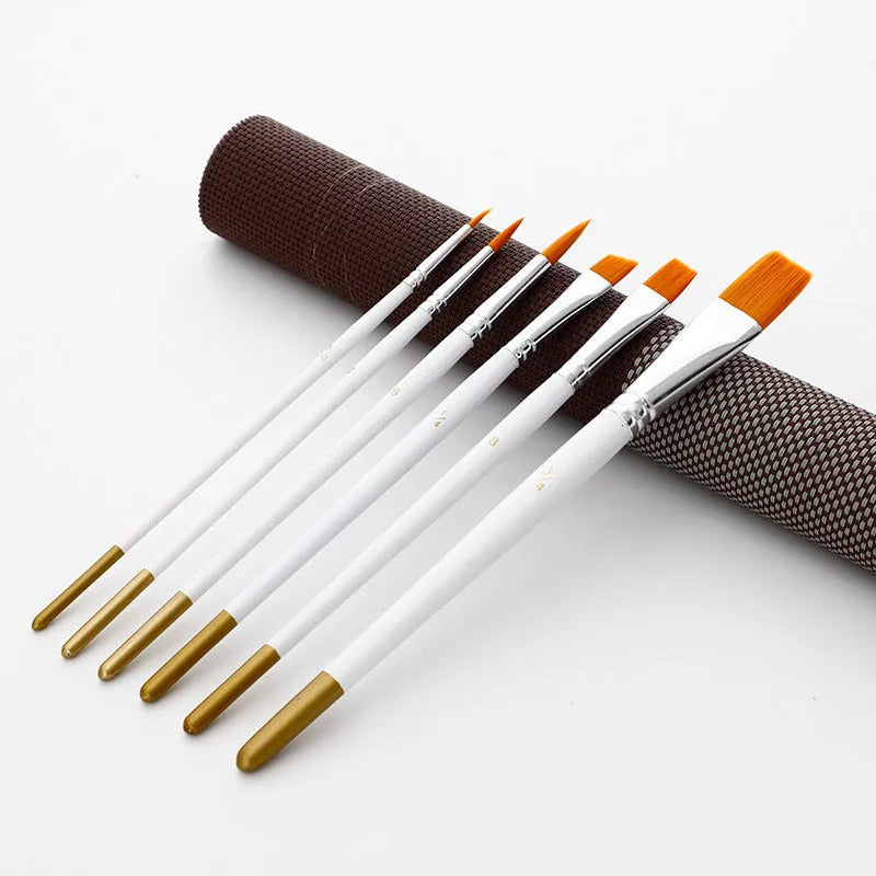 Set of six watercolour acrylic paint brushes with wooden handles and nylon bristles in sizes from 5/0 to 3/4