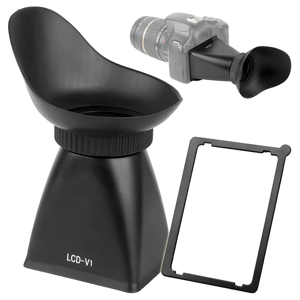 Black camera LCD viewfinder with magnetic mount for DSLR video shooting.