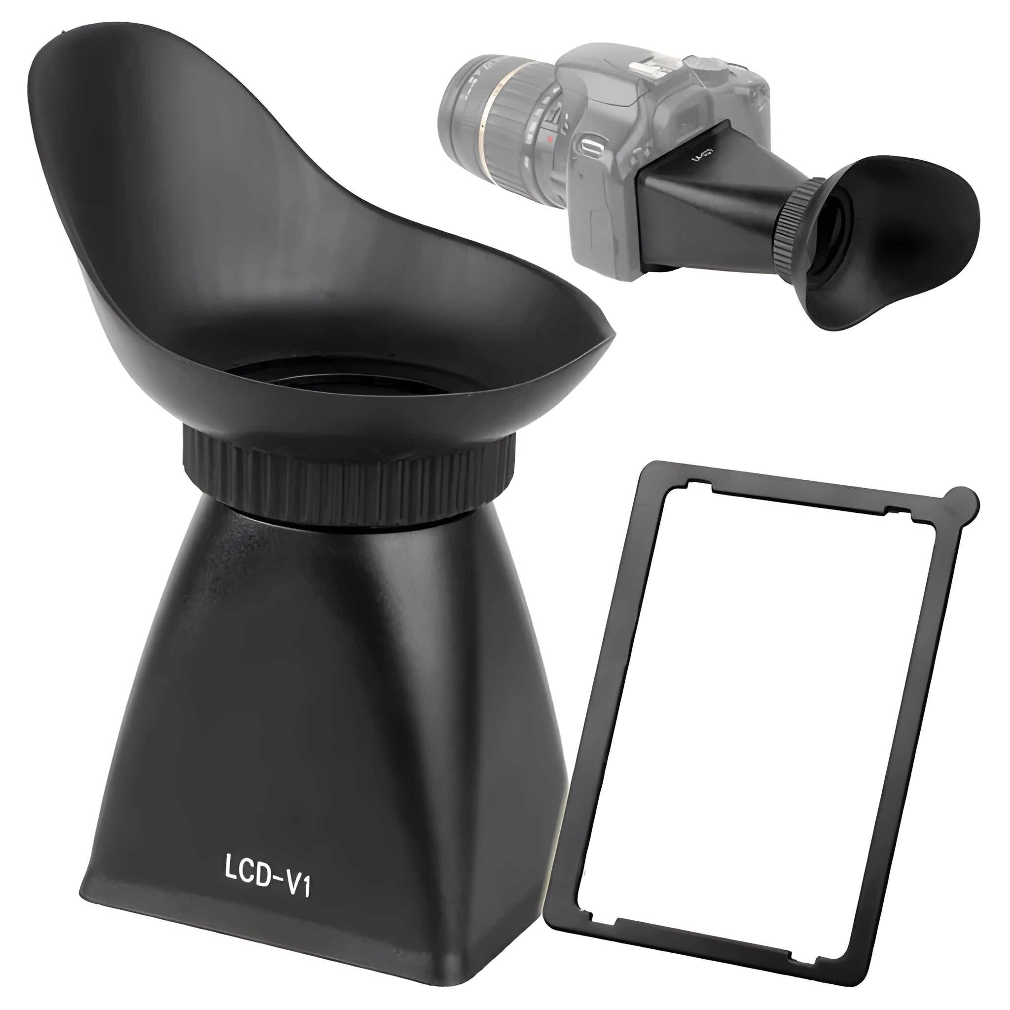 Black camera LCD viewfinder with magnetic mount for DSLR video shooting.