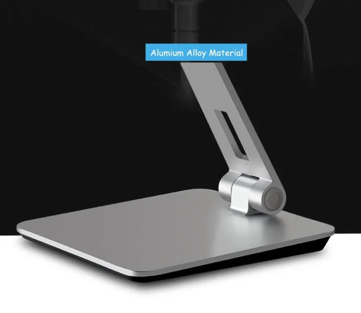 Foldable aluminium desktop phone and tablet holder showing rotation mechanism