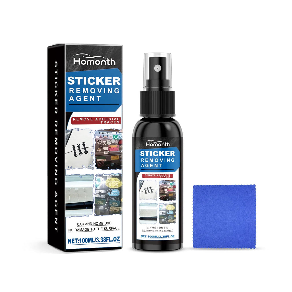 Automobile sticker remover set with 100ml bottle and square towel on car windscreen
