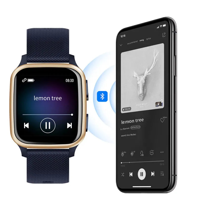 Aluminium alloy smart bracelet with a display showing heart rate and call functions in blue, black, green, or pink.