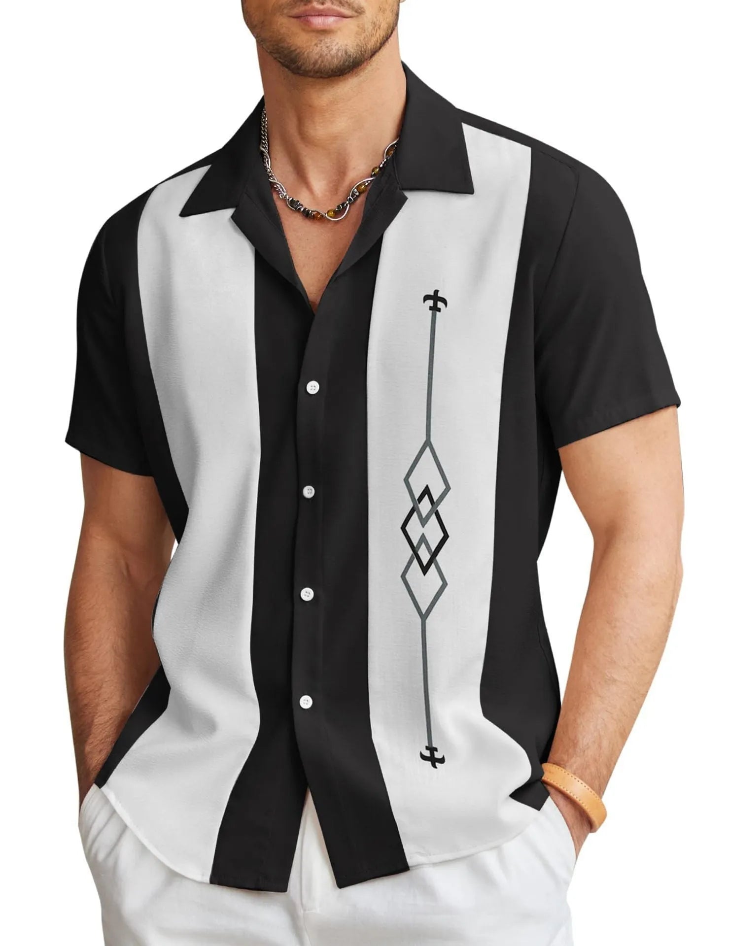 Man wearing a slim fit, short sleeve Hawaiian shirt with a cardigan style in a colourful digital print pattern.