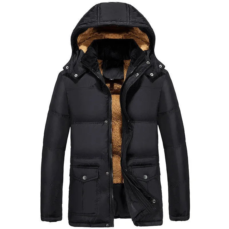 Men's black velvet padded winter jacket with hood and double-breasted placket in loose fit style
