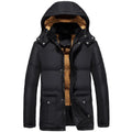 Men's black velvet padded winter jacket with hood and double-breasted placket in loose fit style
