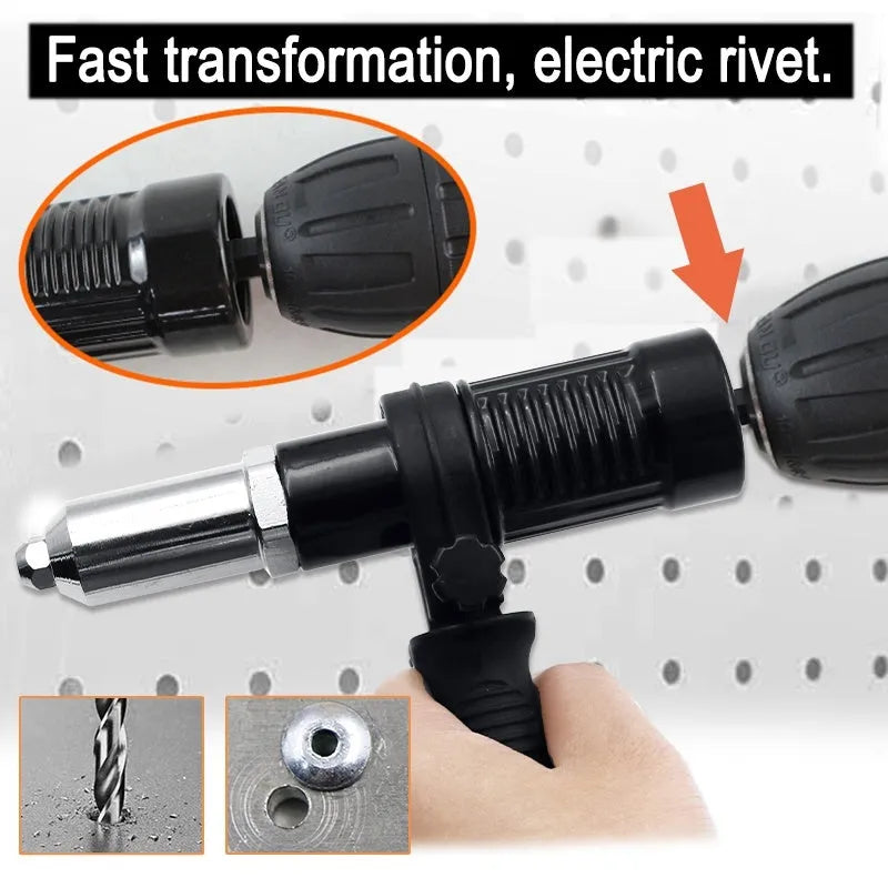 Black electric drill rivet gun with alloy steel head and 173mm length for metal working