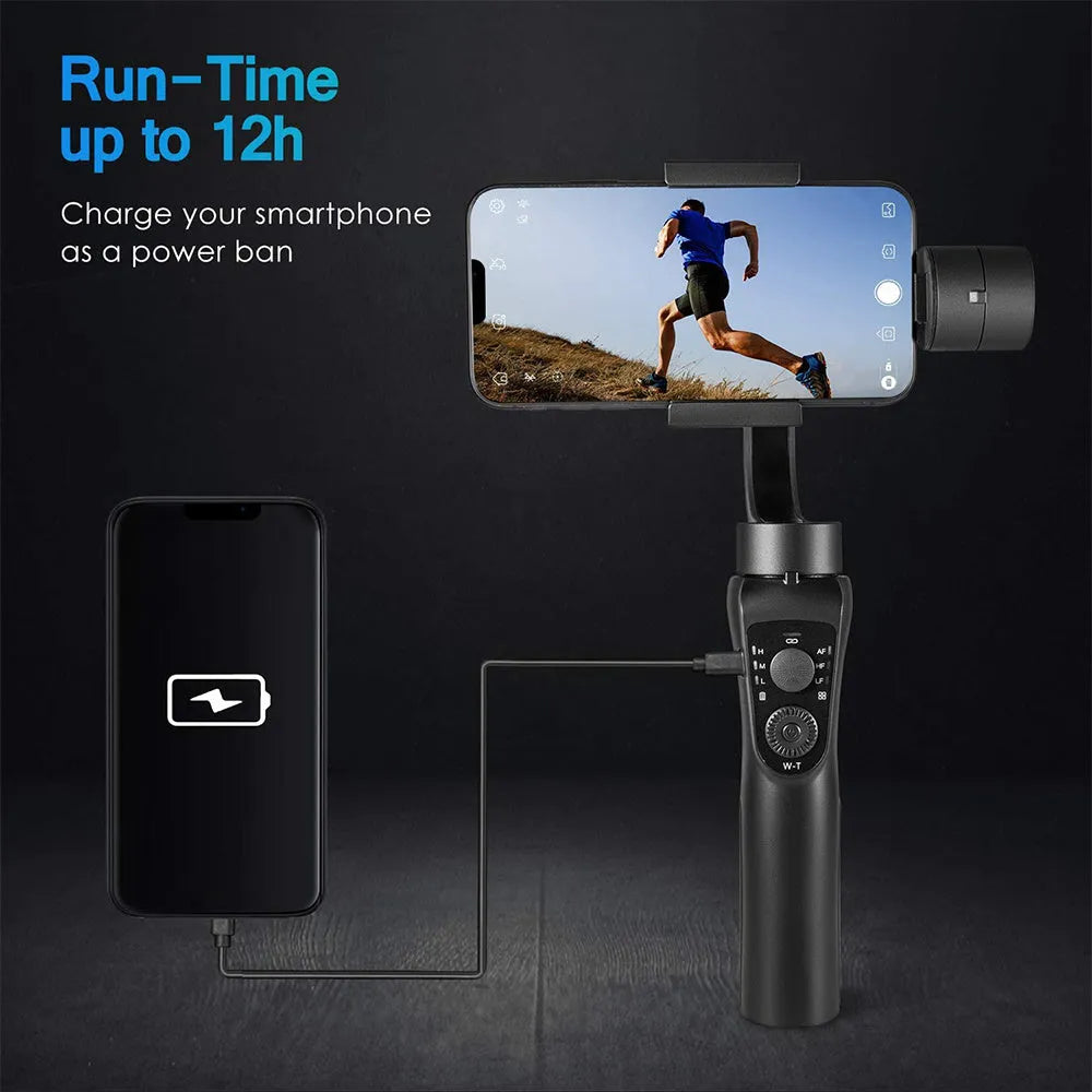 Black three-axis handheld gimbal stabiliser for mobile phones with tripod and protective cases