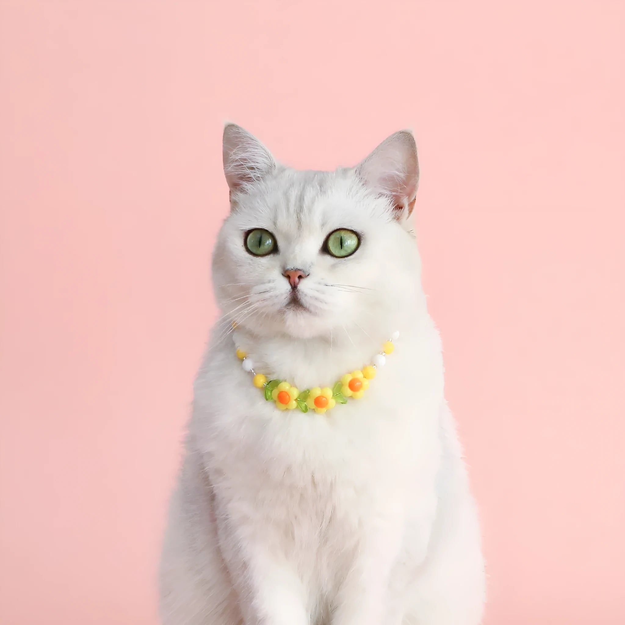 Adjustable colourful bead cat necklace in small flower, rainbow, or peach design on a white background.