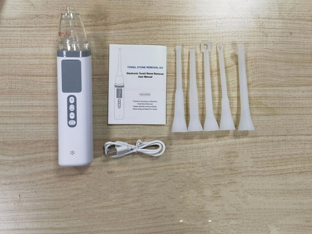 Milky white tonsil stone extractor oral cleaning tool with complete dental hygiene components