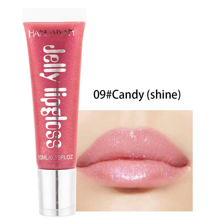 Jelly glass moisturising lip gloss tube in Pearl White shade with carton packaging and 12 colour options