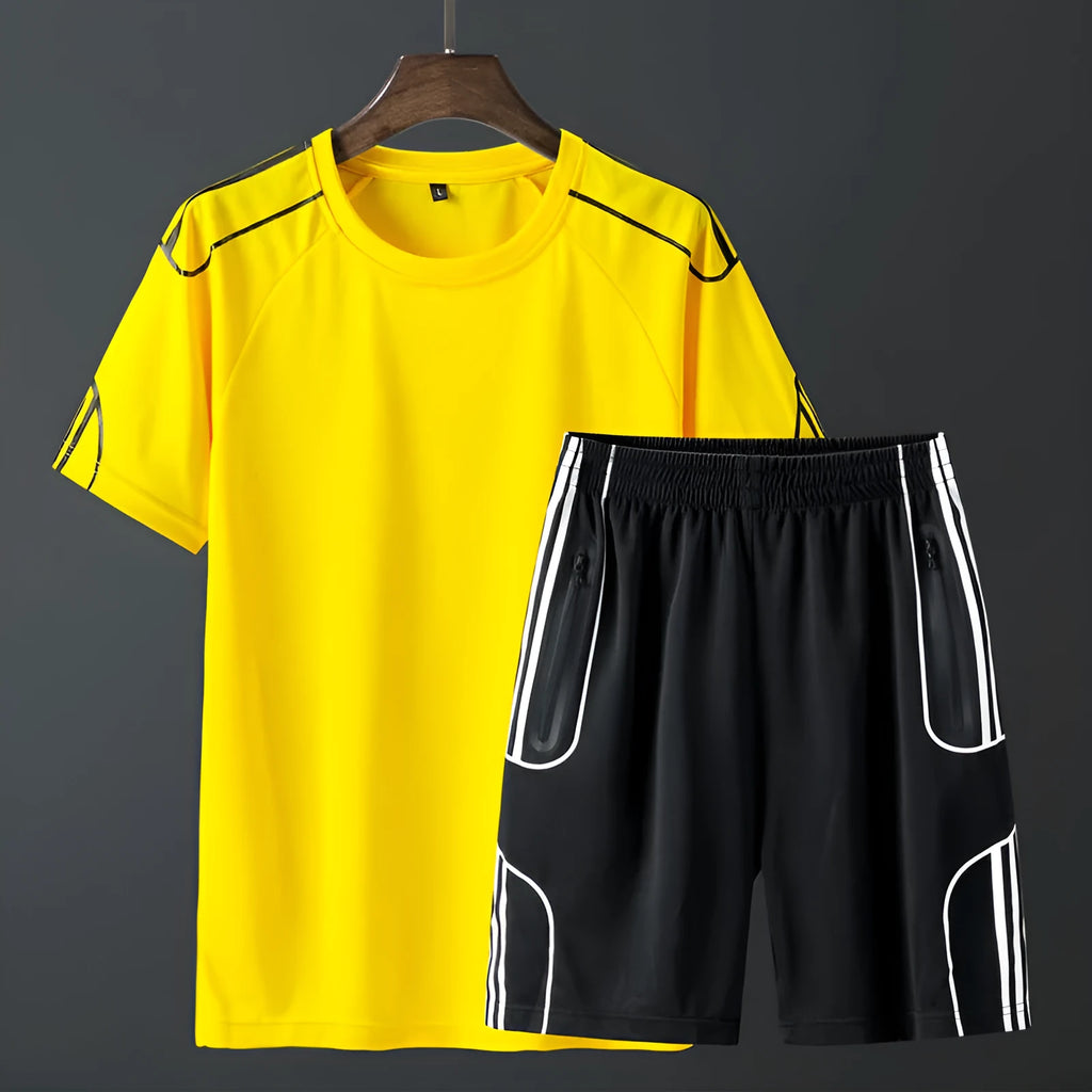Short sleeved sportswear shorts suit in black with thin fabric T-shirt and matching shorts for men and women