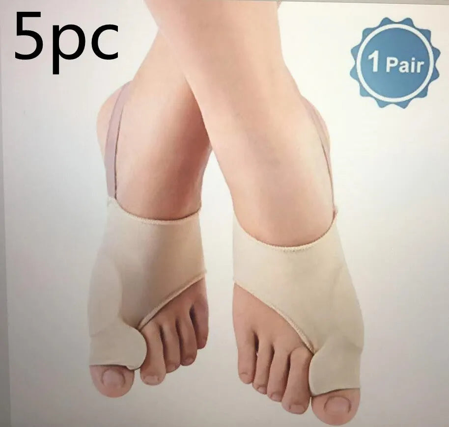 Corrective bunion sock with silicone gel toe separator shown in sizes S, M, and L on a foot diagram.