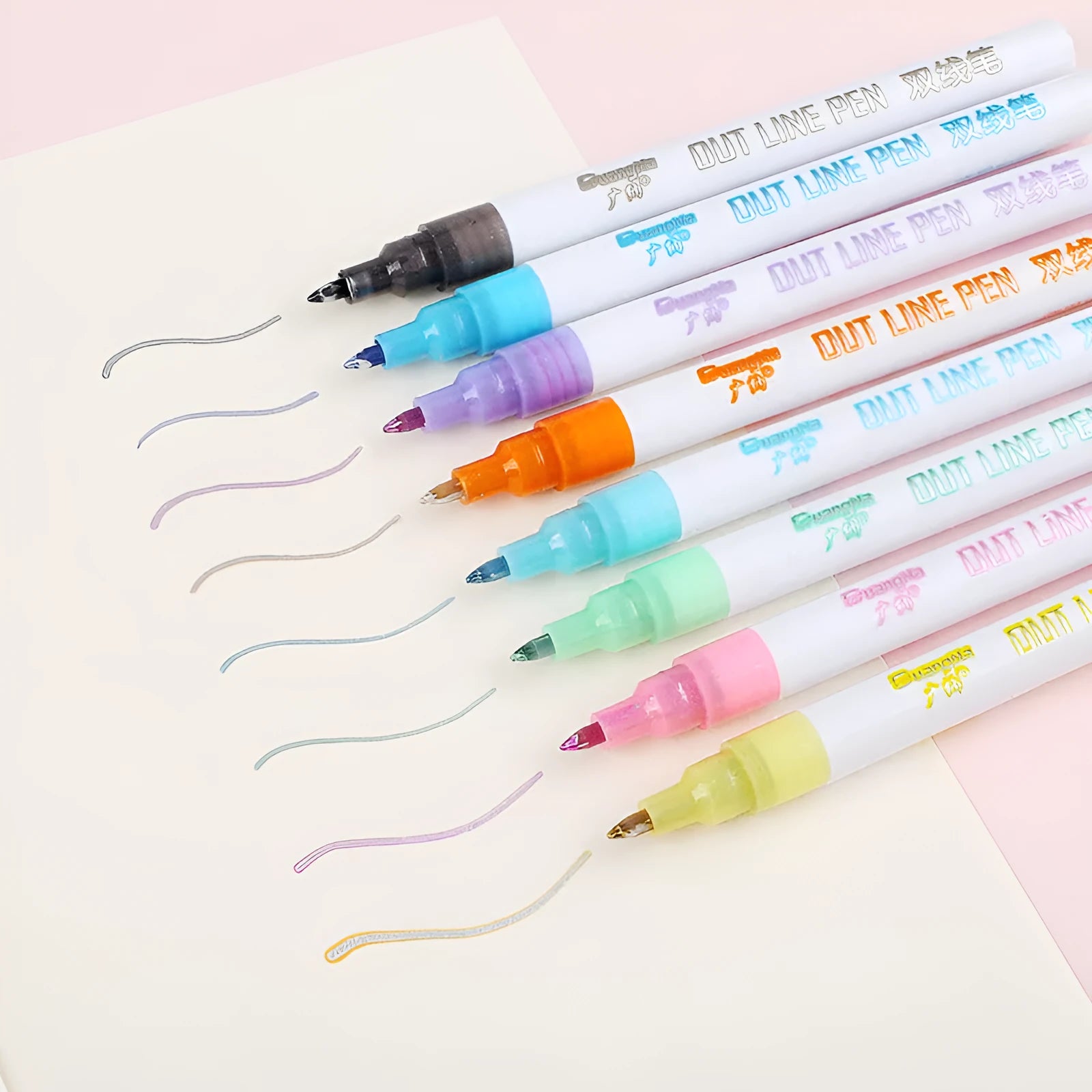 Eight color fluorescent marker pens in a plastic storage box