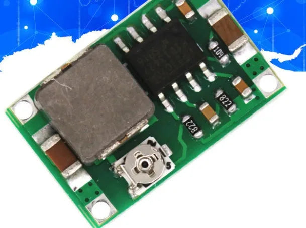 Mini 360 green DC-DC buck converter module measuring 17x11mm with voltage adjustment potentiometer