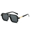 Retro double beam pilot sunglasses showing front design and metal spring hinge, in a black frame with gray lenses.