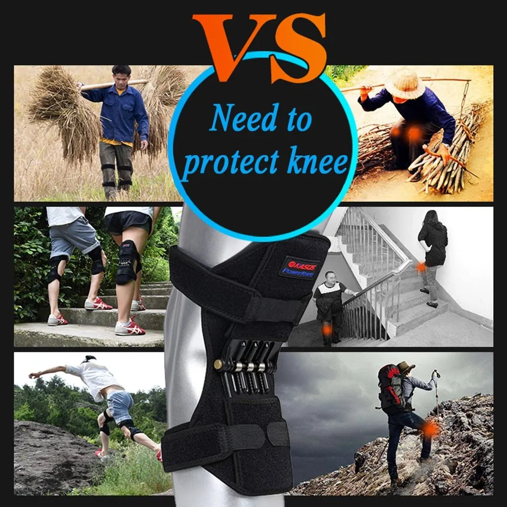 Black spring knee brace with adjustable straps on a grey background