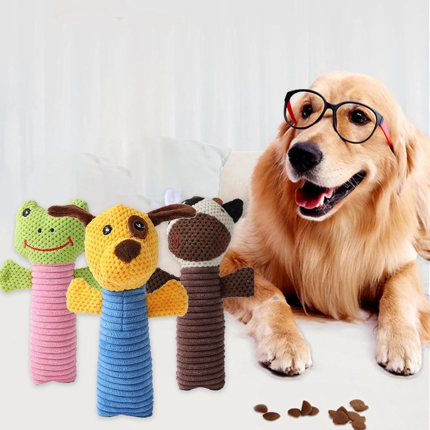 Squeaky stuffed animal dog chew toy measuring 19cm by 5cm for dental cleaning