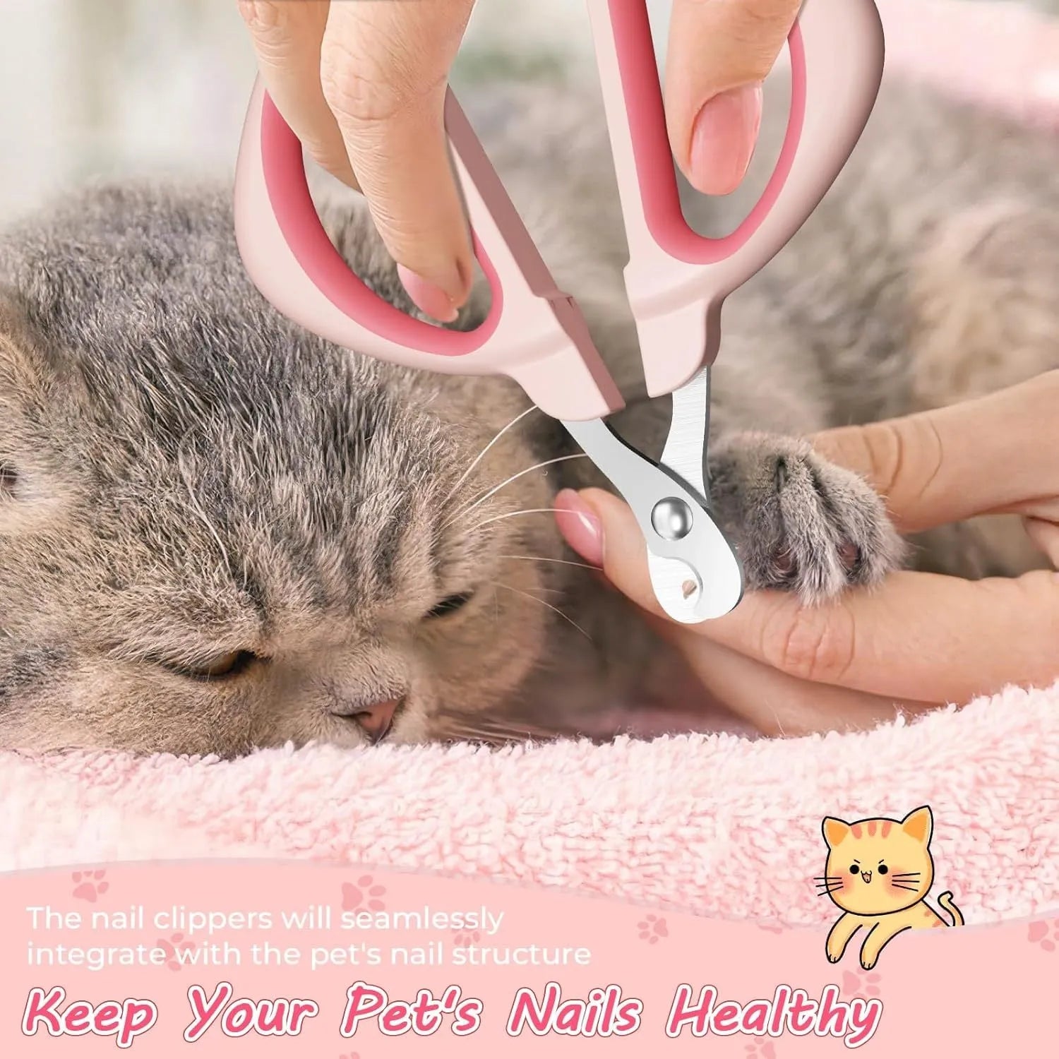 Blue pet nail clipper with a round positioning hole and non-slip handle on a white background.
