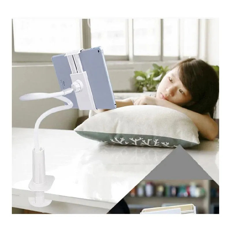 Black flexible mount holder with bendy arm and suction base holding a mobile phone