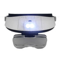 Head mounted magnifier with five lens plates and dual LED light on adjustable head strap