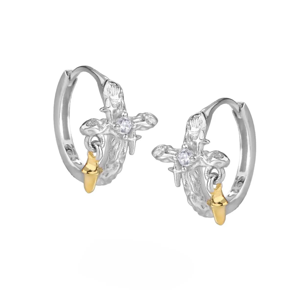 925 silver cross earrings with geometric round design and electroplated finish