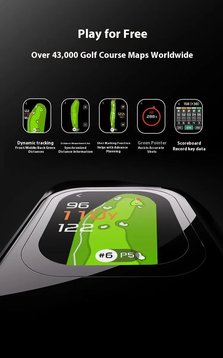 Black GPS rangefinder with telescope display and AMOLED touchscreen for outdoor distance measurement