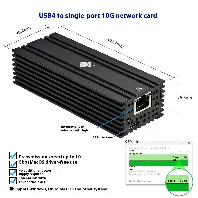 Black Leyu USB4 10 Gigabit Ethernet network adapter with RJ45 port and 20cm cable