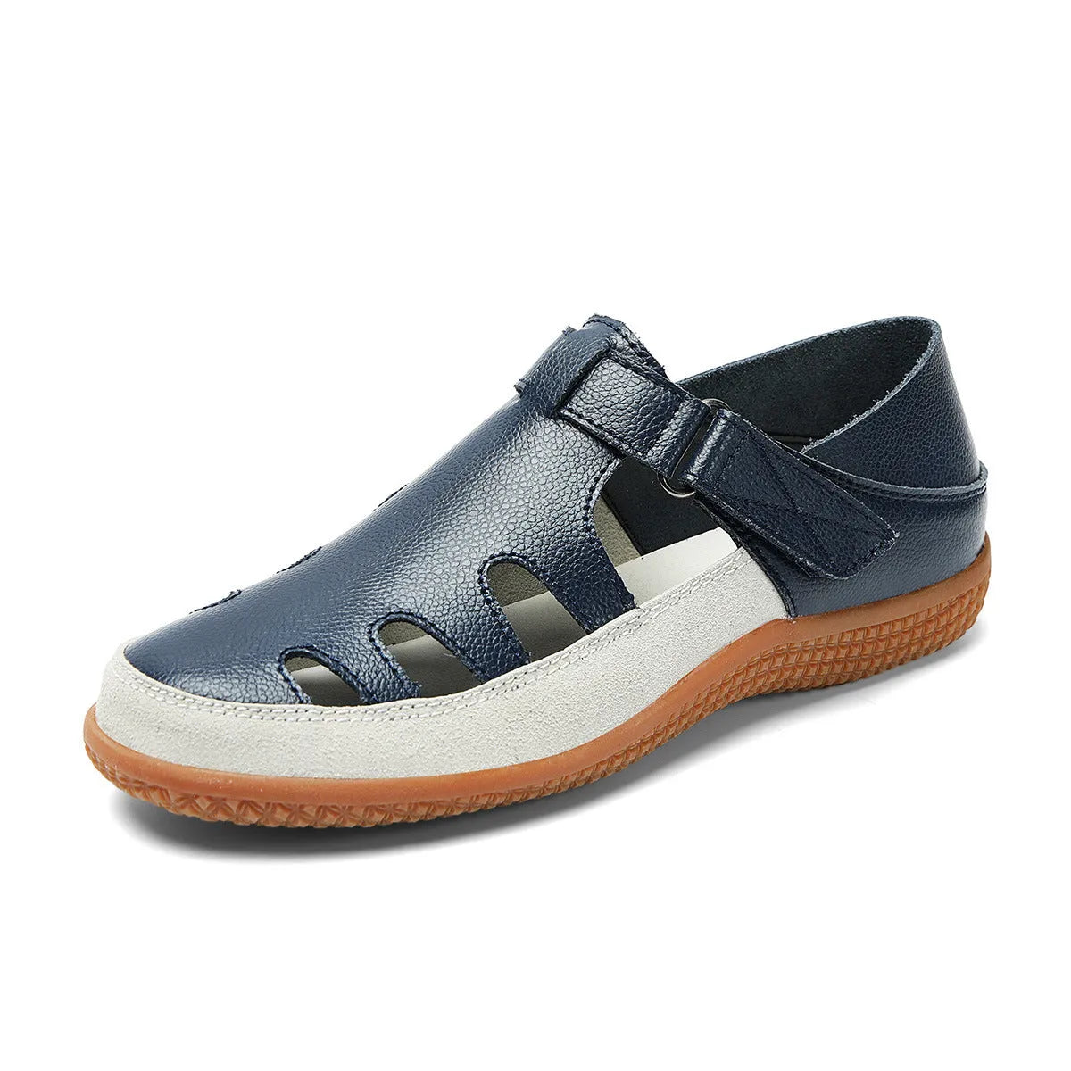 Women's plus size flat heel sandals with hollow-out toe cap in blue colour