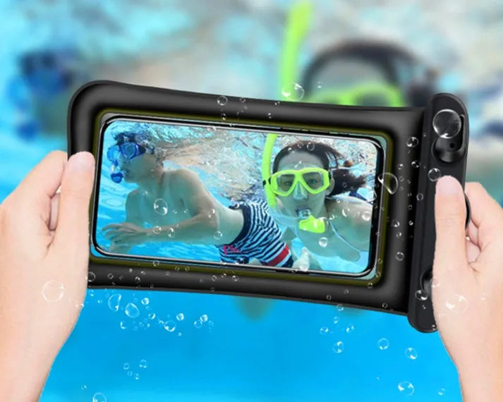 Orange waterproof phone pouch with rope lanyard and double airbag design