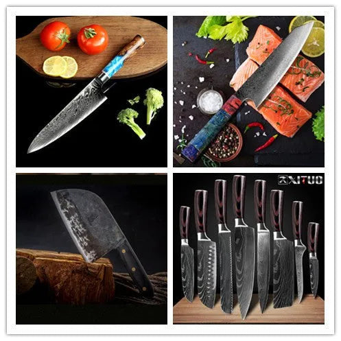8-piece kitchen knife set with damascus steel carving knife and high-carbon steel utility blade