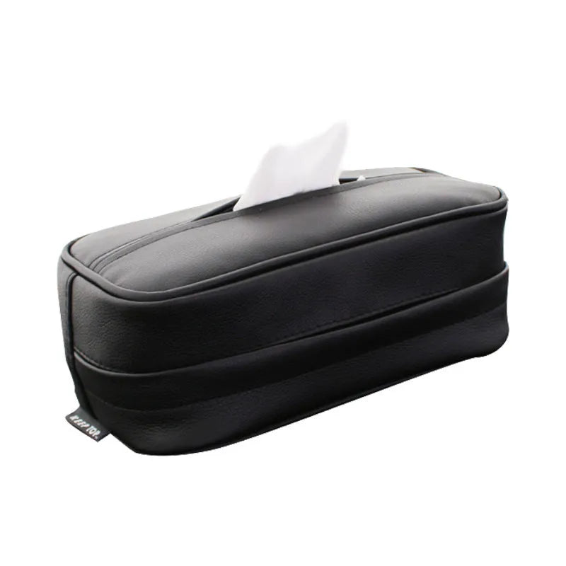 Black PU leather hanging storage bag with zip for car and home organisation