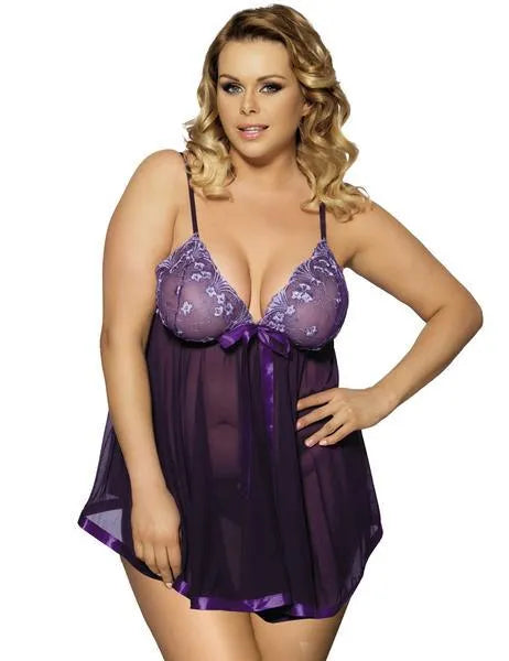 Plus-size black lace and mesh sling dress lingerie for sleepwear, shown on a hanger.